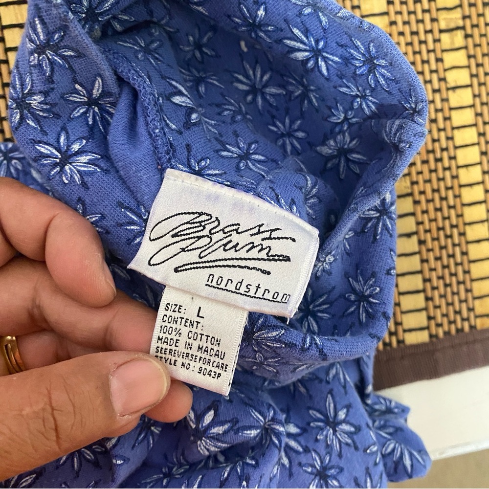 Vintage Brass Plum Nordstrom Blue Floral Daisy Print Turtleneck Top L 90s Y2K - Picture 5 of 8